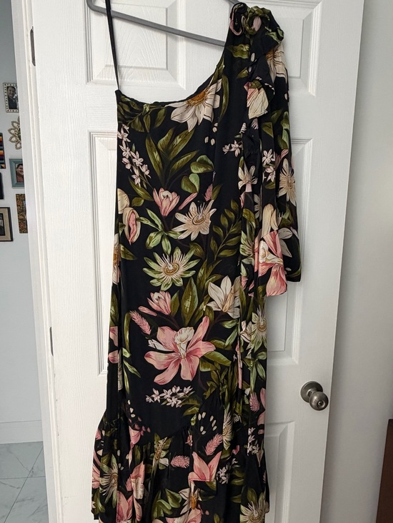 FARM Rio Dresses & Skirts - FARM Rio Black One-Shoulder Floral Maxi Dress with Pink & Green Blooms